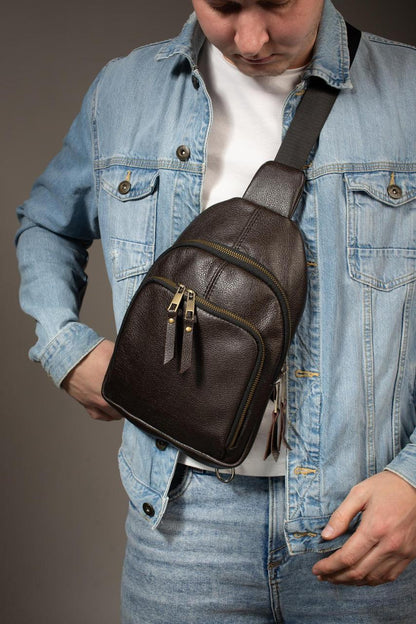Handmade Genuine Leather Sling Shoulder Bag Brown Gift for Him
