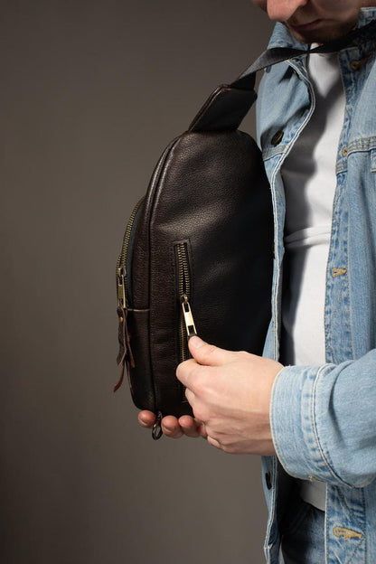 Handmade Genuine Leather Sling Shoulder Bag Brown Gift for Him