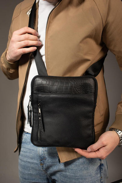 Handmade Genuine Leather Messenger Bag Black Mens Shoulder Bag Crocodile Embossed Gift for Him
