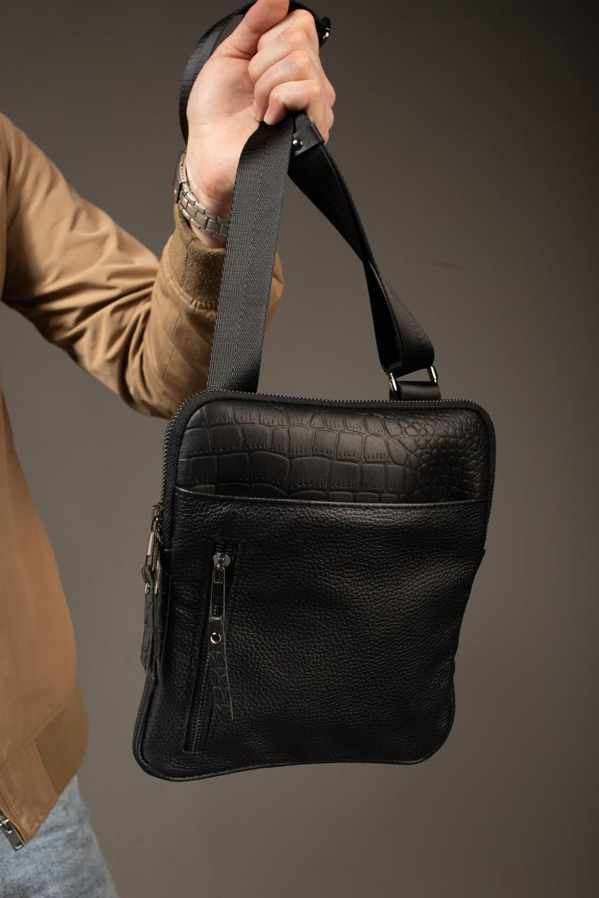 Handmade Genuine Leather Messenger Bag Black Mens Shoulder Bag Crocodile Embossed Gift for Him
