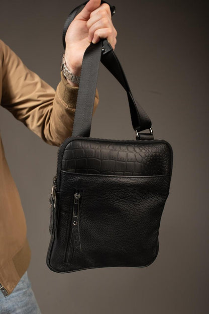 Handmade Genuine Leather Messenger Bag Black Mens Shoulder Bag Crocodile Embossed Gift for Him