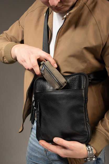 Handmade Genuine Leather Messenger Bag Black Mens Shoulder Bag Crocodile Embossed Gift for Him