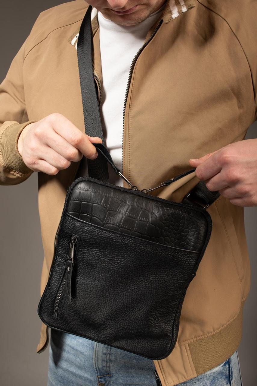 Handmade Genuine Leather Messenger Bag Black Mens Shoulder Bag Crocodile Embossed Gift for Him
