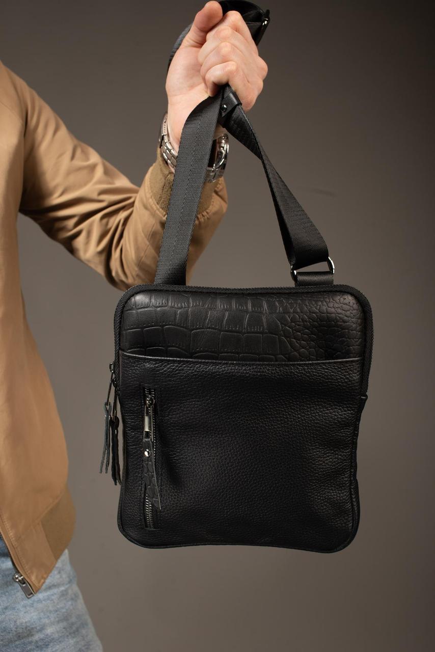 Handmade Genuine Leather Messenger Bag Black Mens Shoulder Bag Crocodile Embossed Gift for Him