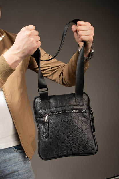 Handmade Genuine Leather Messenger Bag Black Mens Shoulder Bag Crocodile Embossed Gift for Him