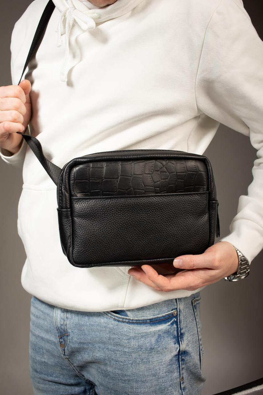 Handmade Genuine Leather Crossbody Banana Bag Belt Bag Black Gift for Him