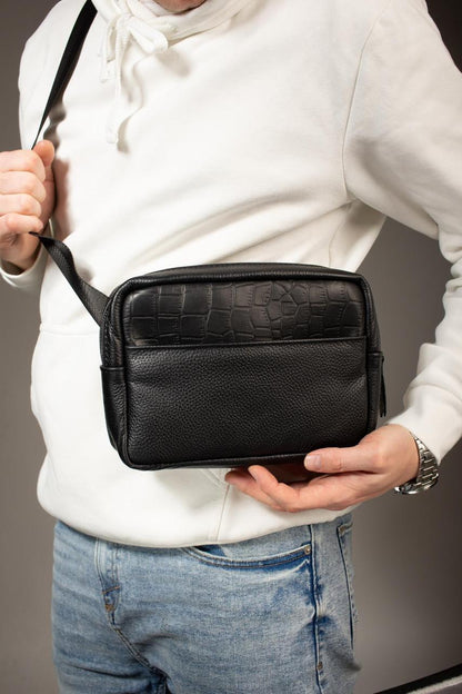Handmade Genuine Leather Crossbody Banana Bag Belt Bag Black Gift for Him