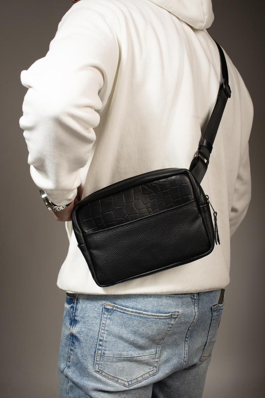 Handmade Genuine Leather Crossbody Banana Bag Belt Bag Black Gift for Him
