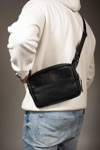 Handmade Genuine Leather Crossbody Banana Bag Belt Bag Black Gift for Him