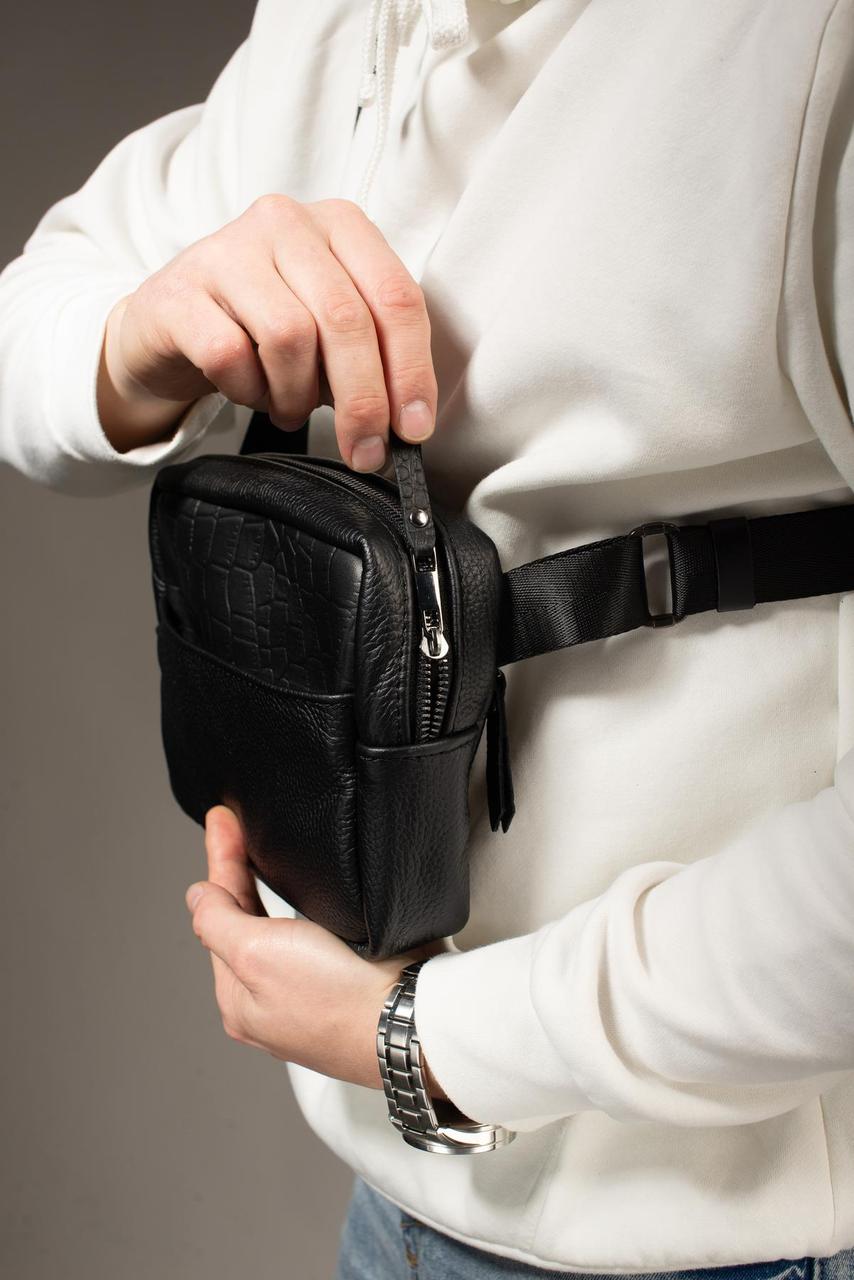 Handmade Genuine Leather Crossbody Banana Bag Belt Bag Black Gift for Him