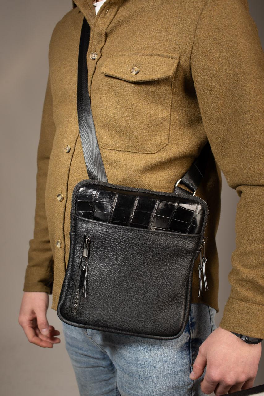 Handmade Mens Leather Crossbody Bag Black Crocodile Accent Messenger