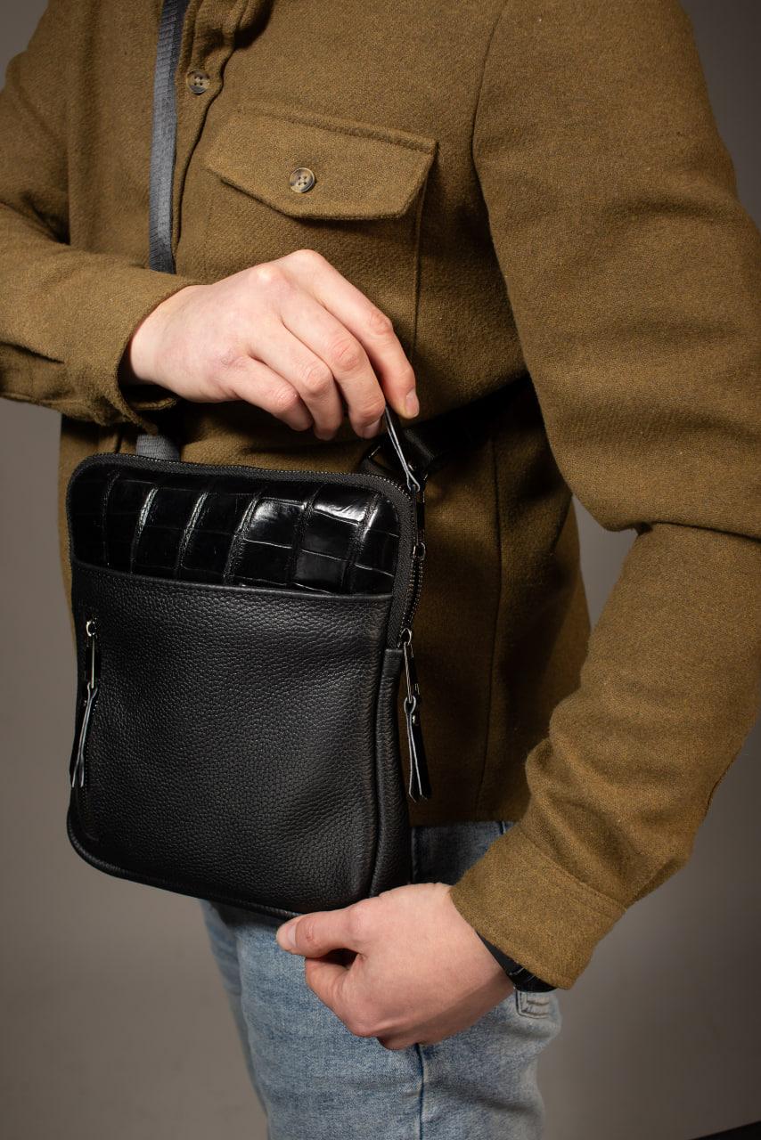 Handmade Mens Leather Crossbody Bag Black Crocodile Accent Messenger Gift for Him