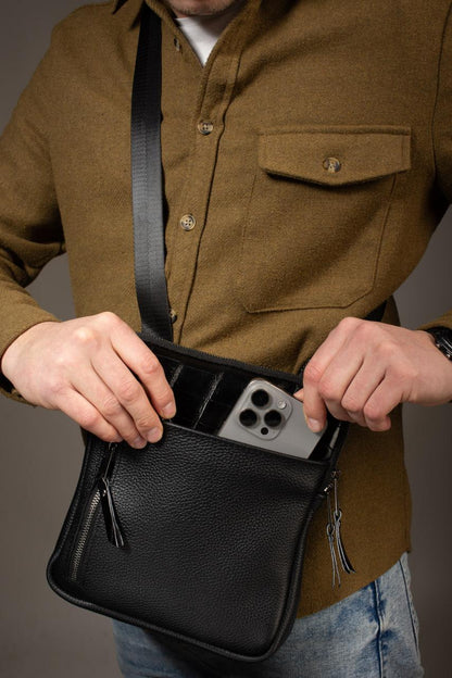 Handmade Mens Leather Crossbody Bag Black Crocodile Accent Messenger Gift for Him