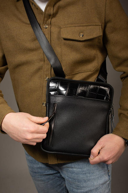 Handmade Mens Leather Crossbody Bag Black Crocodile Accent Messenger Gift for Him