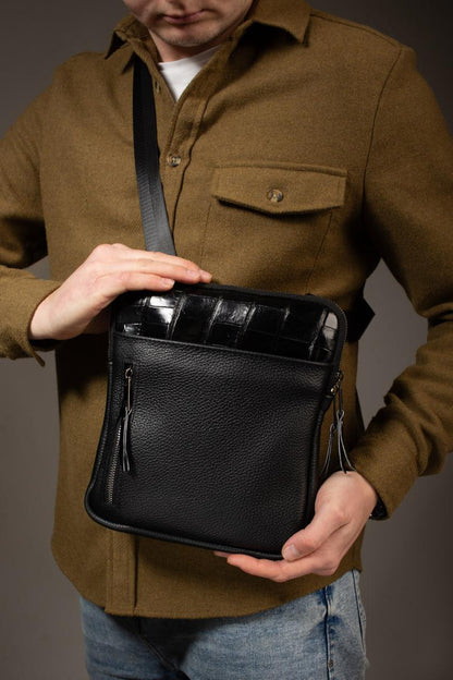 Handmade Mens Leather Crossbody Bag Black Crocodile Accent Messenger Gift for Him