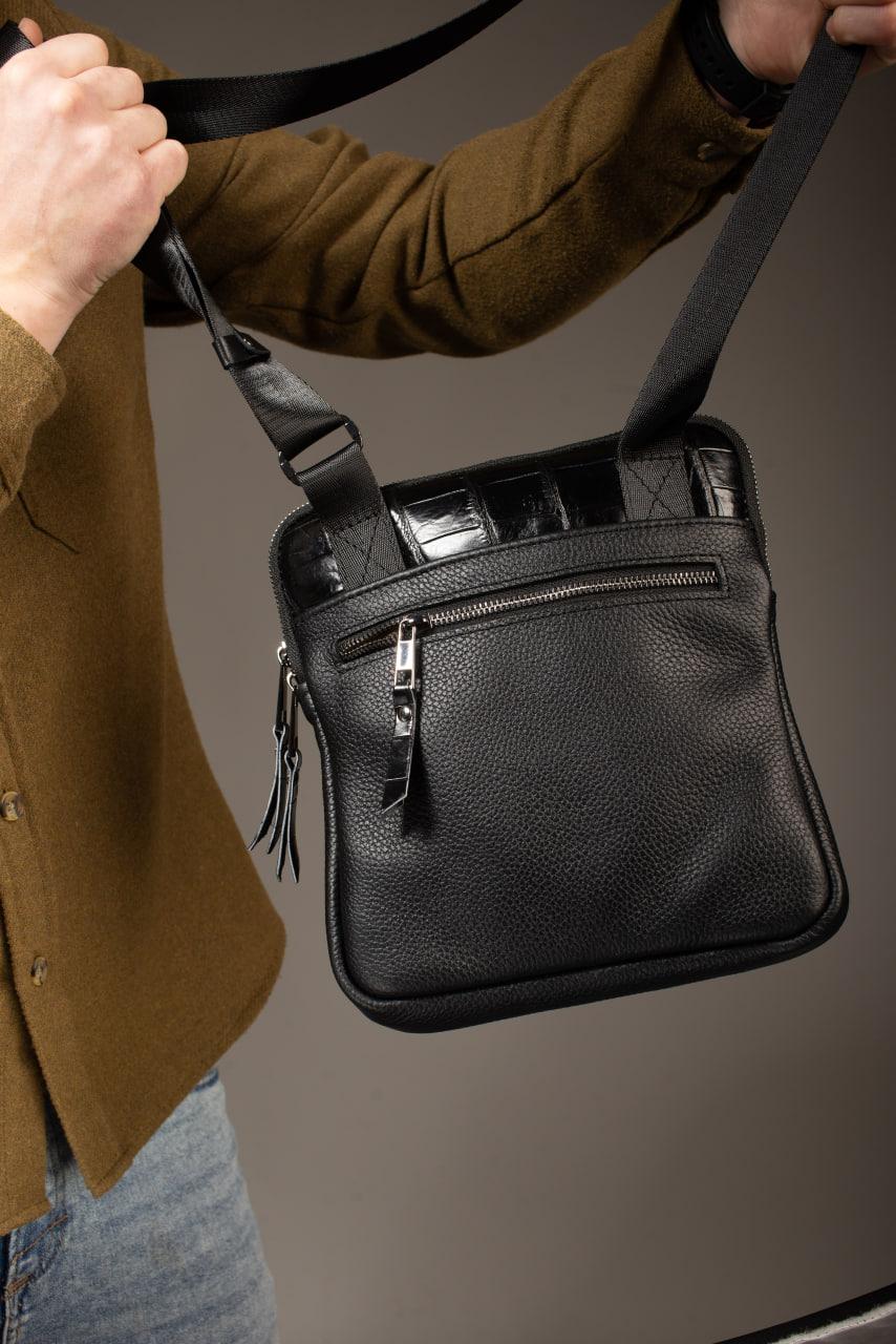 Handmade Mens Leather Crossbody Bag Black Crocodile Accent Messenger Gift for Him