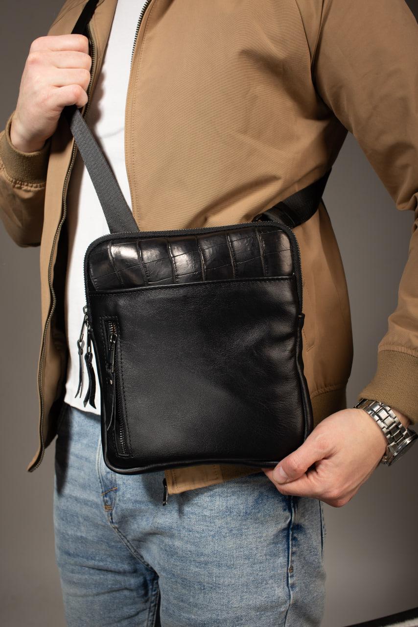 Handmade Mens Black Leather Crossbody Bag Crocodile Trim Messenger