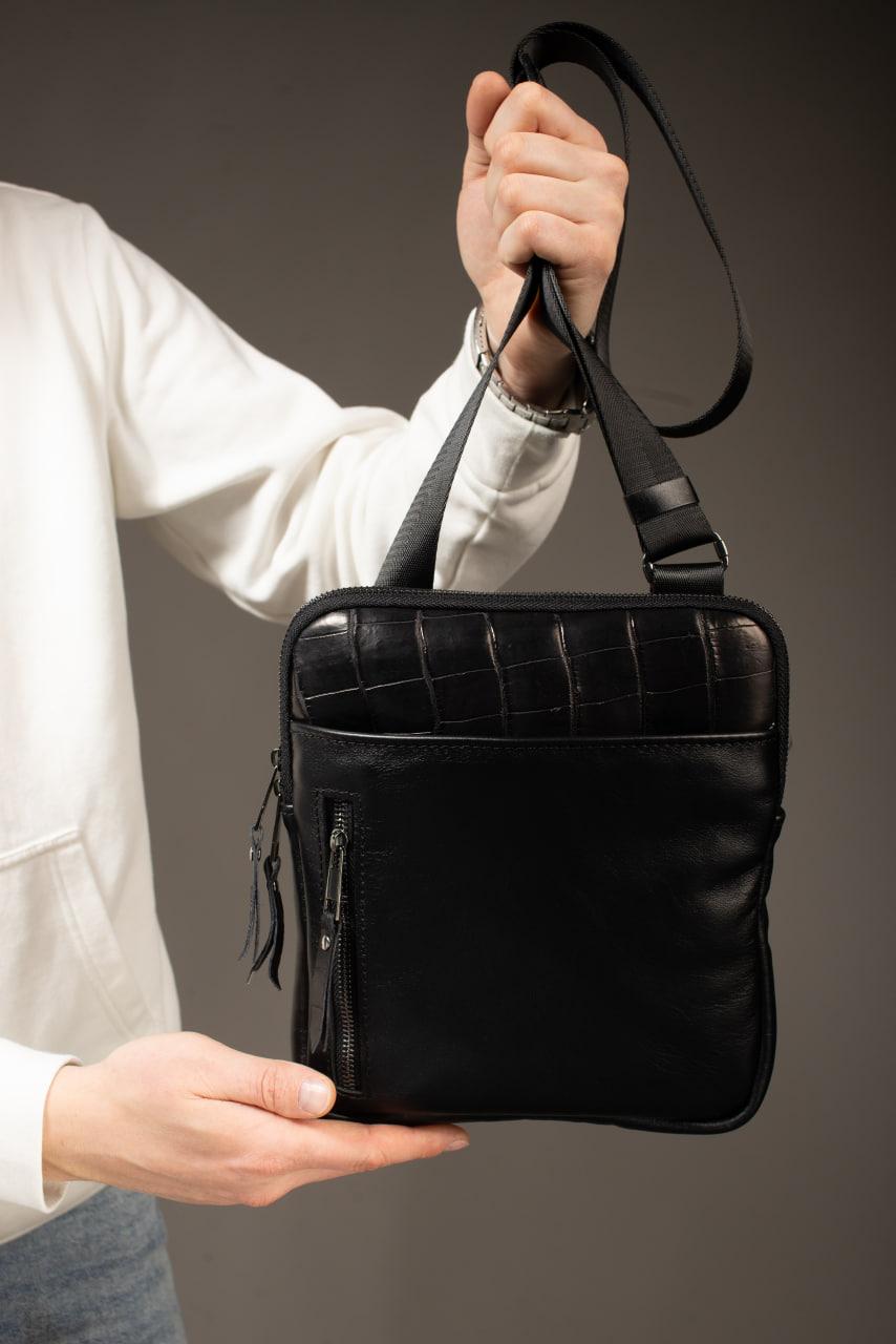 Handmade Mens Black Leather Crossbody Bag Crocodile Trim Messenger Gift for Him
