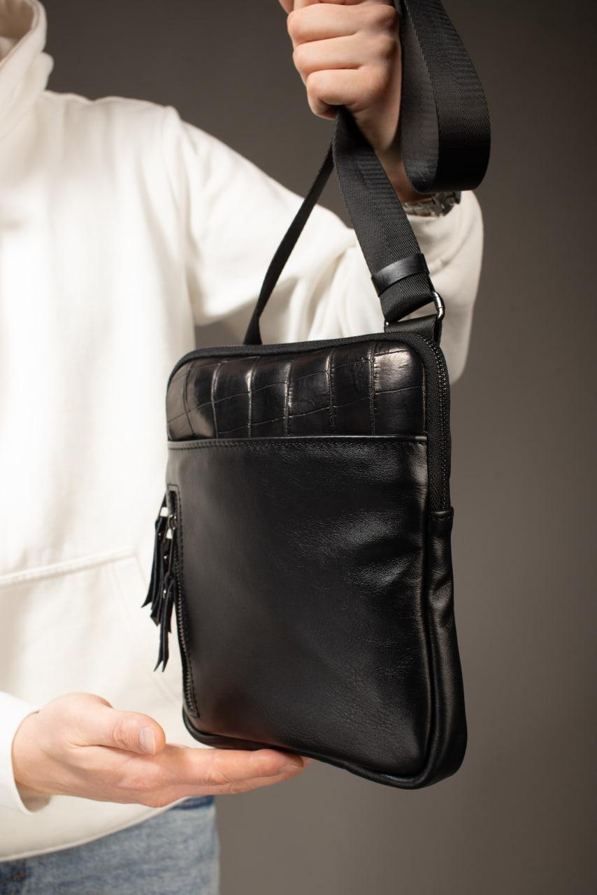 Handmade Mens Black Leather Crossbody Bag Crocodile Trim Messenger Gift for Him
