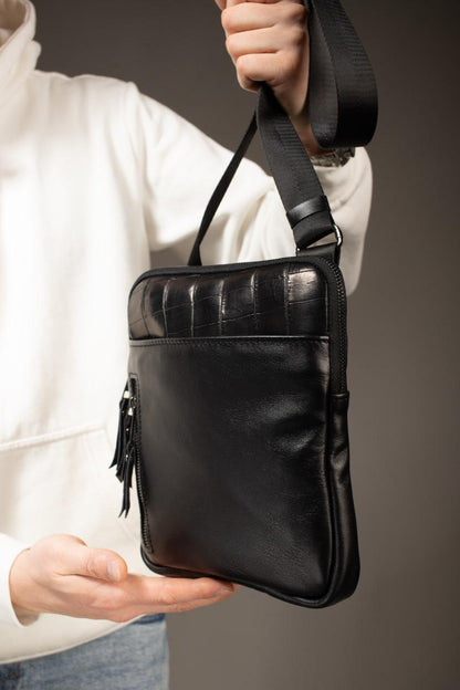 Handmade Mens Black Leather Crossbody Bag Crocodile Trim Messenger Gift for Him