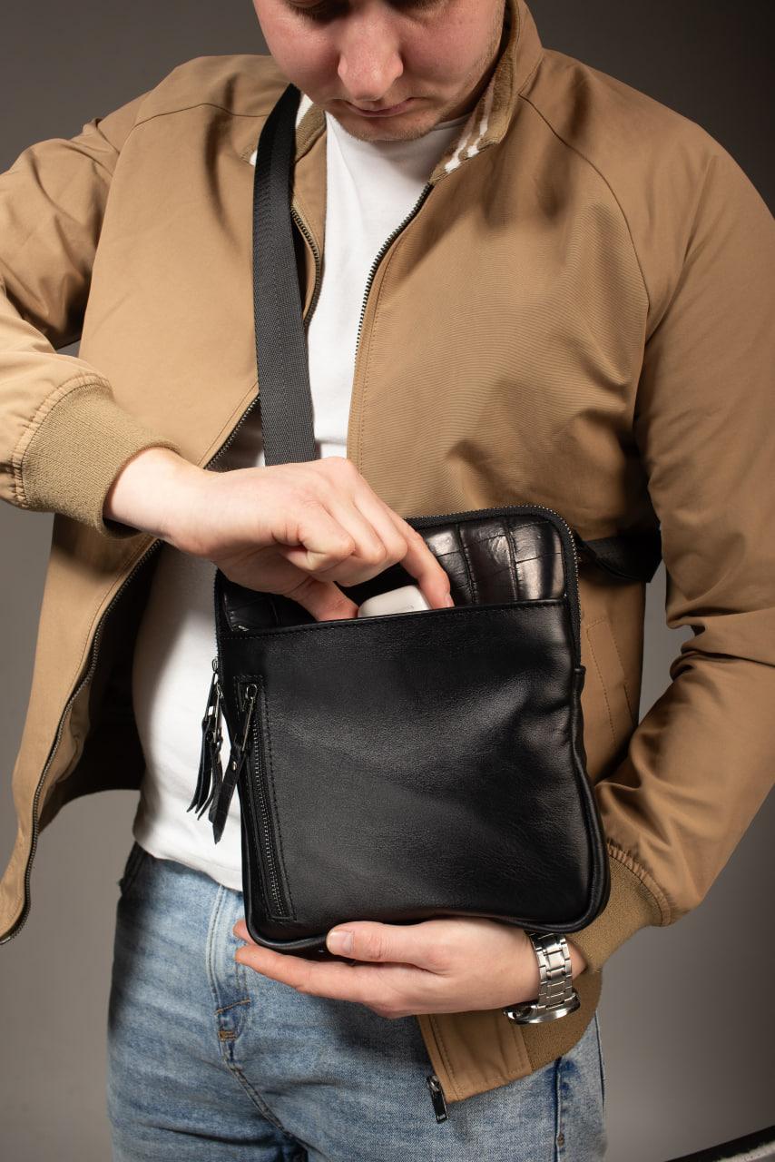 Handmade Mens Black Leather Crossbody Bag Crocodile Trim Messenger Gift for Him