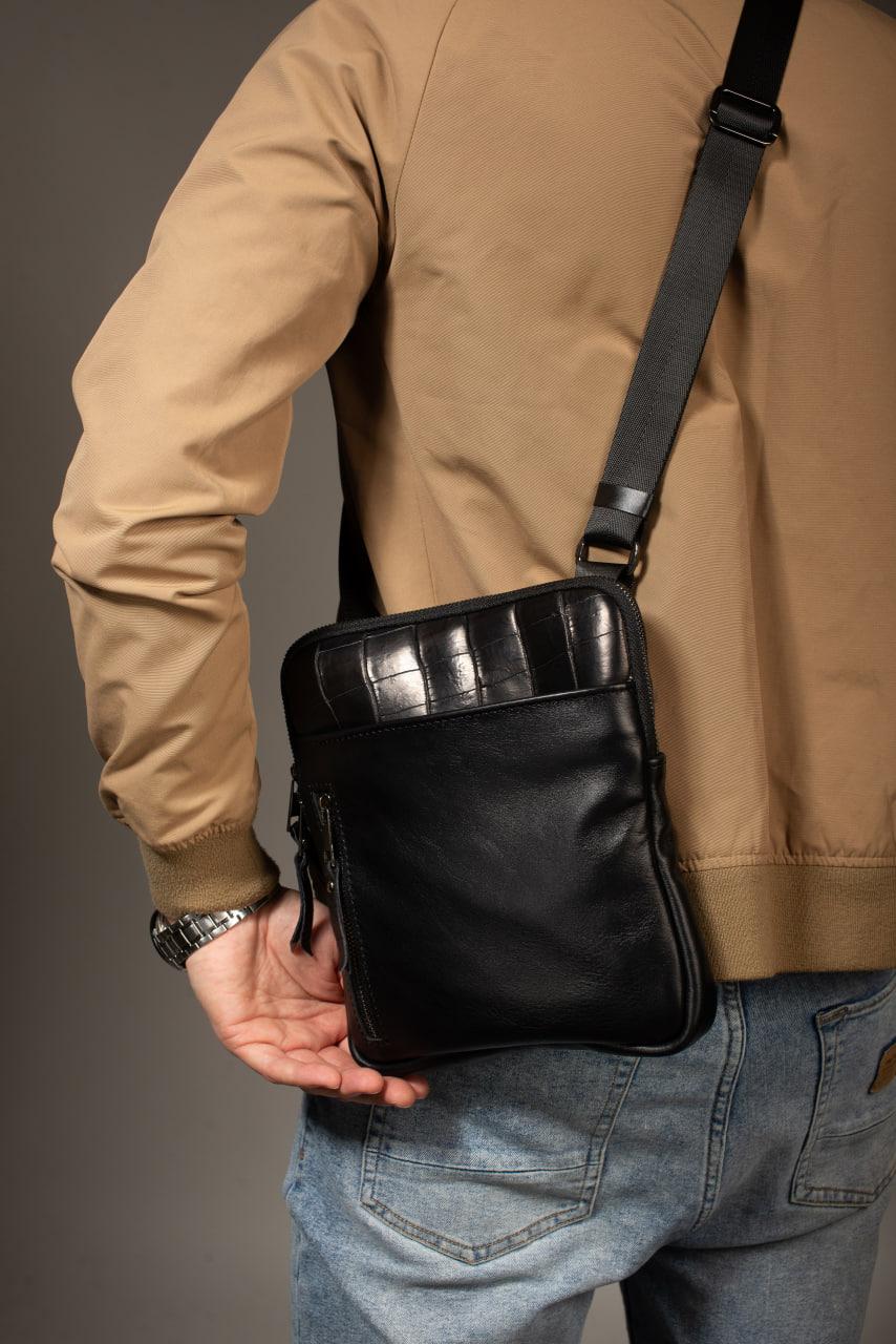 Handmade Mens Black Leather Crossbody Bag Crocodile Trim Messenger Gift for Him