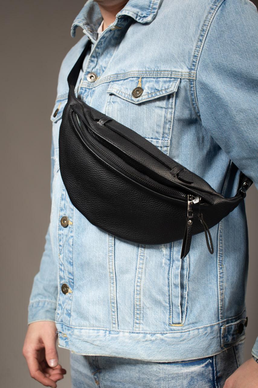 Handmade Mens Black Leather Waist Bag Flotar Leather Belt Bag
