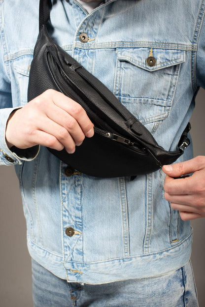 Handmade Mens Black Leather Waist Bag Flotar Leather Belt Bag Gift for Him