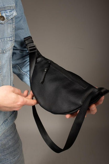 Handmade Mens Black Leather Waist Bag Flotar Leather Belt Bag Gift for Him
