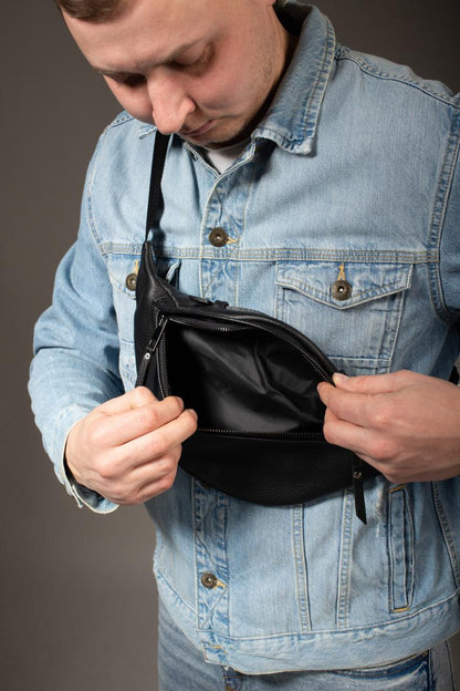 Handmade Mens Black Leather Waist Bag Flotar Leather Belt Bag Gift for Him