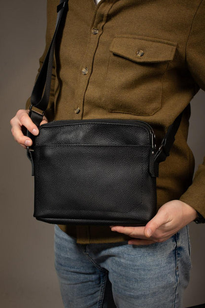 Handmade Mens Leather Crossbody Bag Black Gift for Him