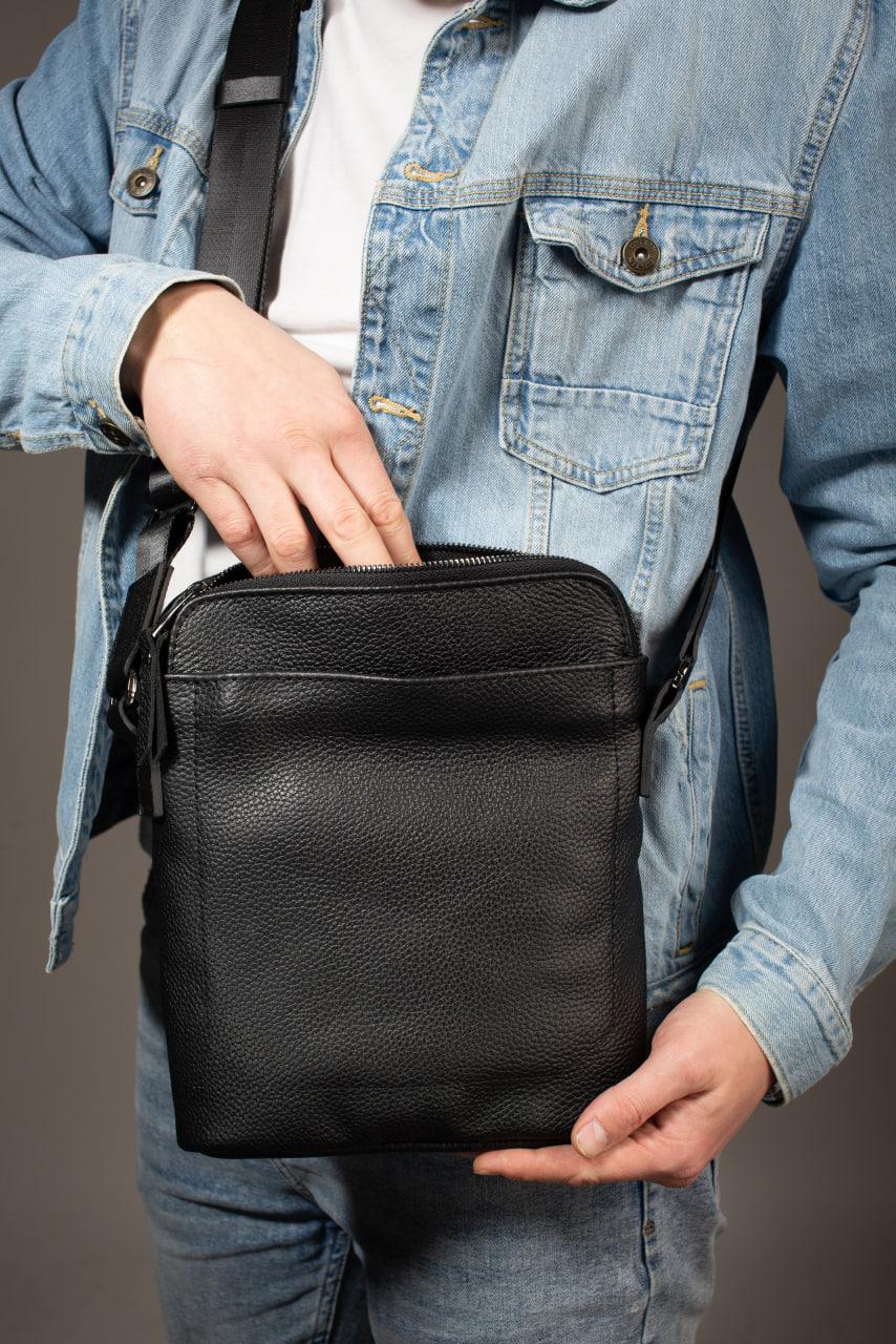 Handmade Mens Black Leather Messenger Bag Classic Leather Crossbody Gift for Him