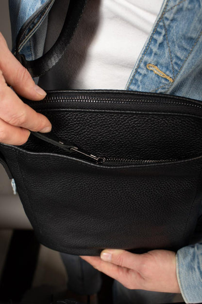 Handmade Mens Black Leather Messenger Bag Classic Leather Crossbody Gift for Him