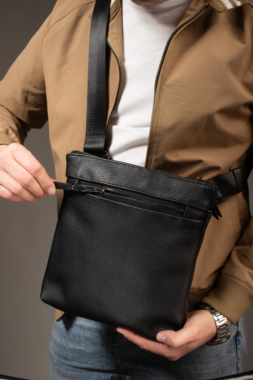 Handmade Genuine Grain Leather Messenger Crossbody Bag for Men Black Gift for Him