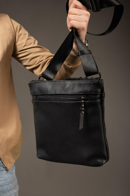 Handmade Genuine Grain Leather Messenger Crossbody Bag for Men Black Gift for Him