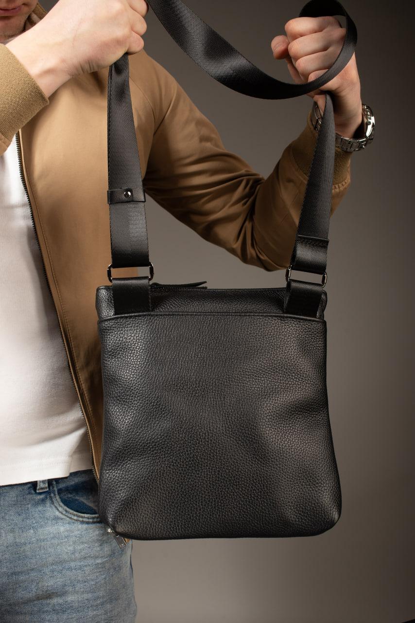 Handmade Genuine Grain Leather Messenger Crossbody Bag for Men Black Gift for Him