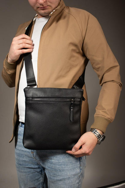 Handmade Genuine Grain Leather Messenger Crossbody Bag for Men Black Gift for Him