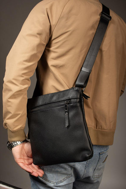 Handmade Genuine Grain Leather Messenger Crossbody Bag for Men Black Gift for Him