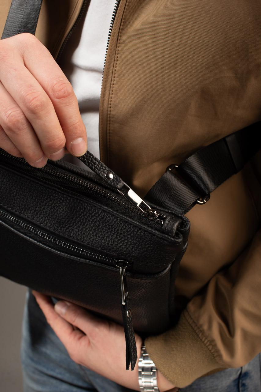 Handmade Genuine Grain Leather Messenger Crossbody Bag for Men Black Gift for Him