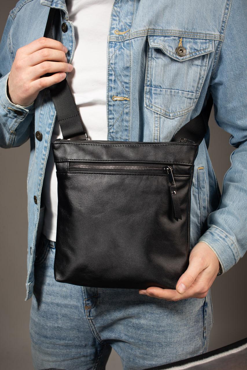 Handmade Genuine Smooth Leather Messenger Bag Men Black Gift For Him Crossbody Shoulder Bag
