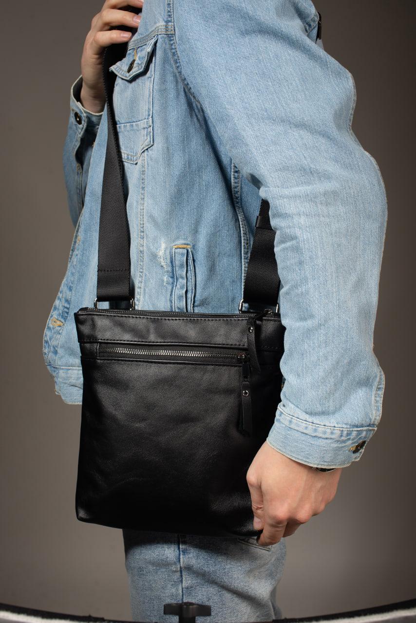 Handmade Genuine Smooth Leather Messenger Bag Men Black Gift For Him Crossbody Shoulder Bag