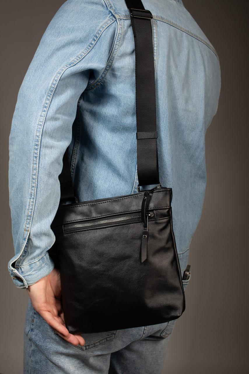 Handmade Genuine Smooth Leather Messenger Bag Men Black Gift For Him Crossbody Shoulder Bag
