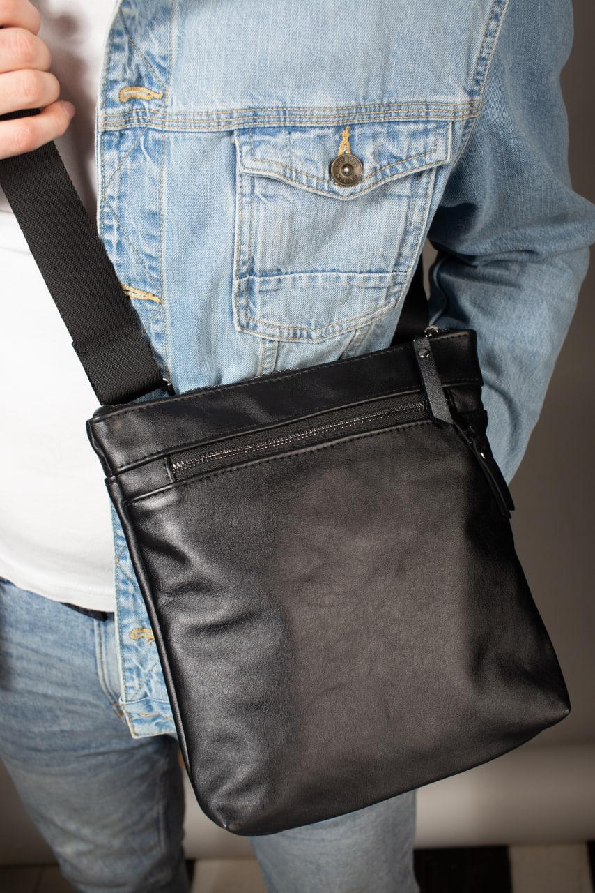 Handmade Genuine Smooth Leather Messenger Bag Men Black Gift For Him Crossbody Shoulder Bag