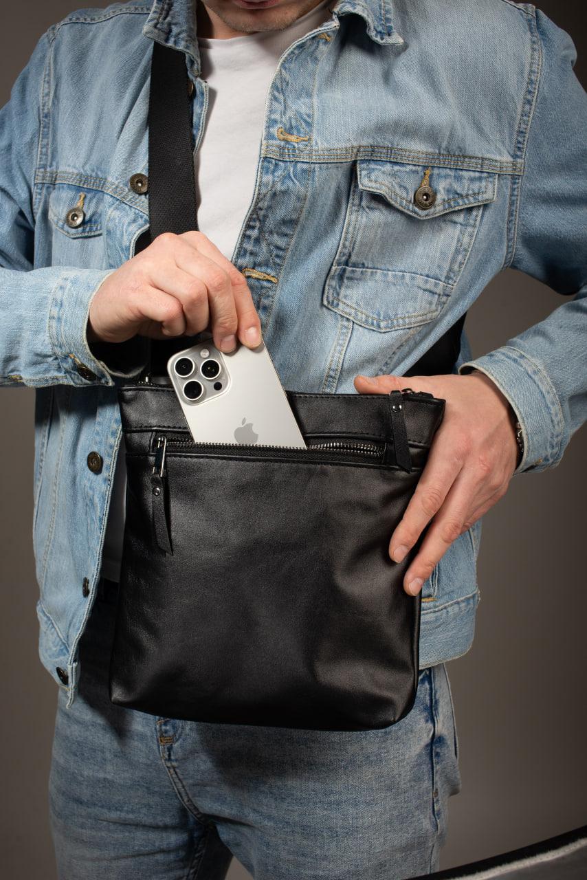 Handmade Genuine Smooth Leather Messenger Bag Men Black Gift For Him Crossbody Shoulder Bag