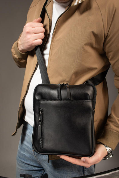 Mens Handmade Leather Crossbody Bag Black Messenger