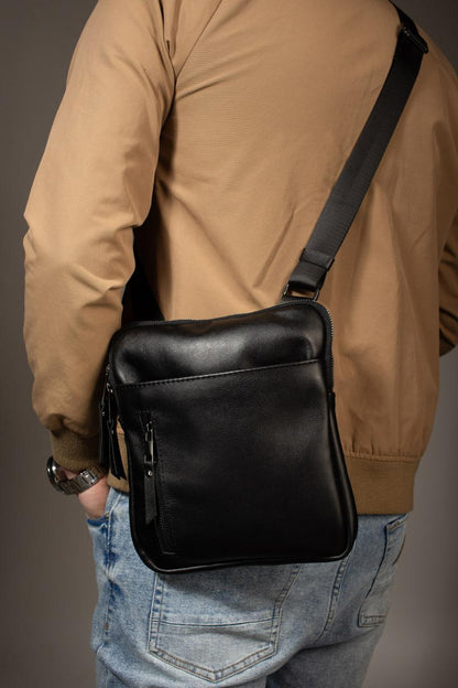 Mens Handmade Leather Crossbody Bag Black Messenger Gift for Him