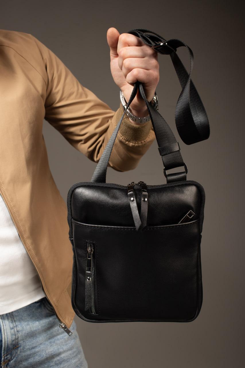Mens Handmade Leather Crossbody Bag Black Messenger Gift for Him