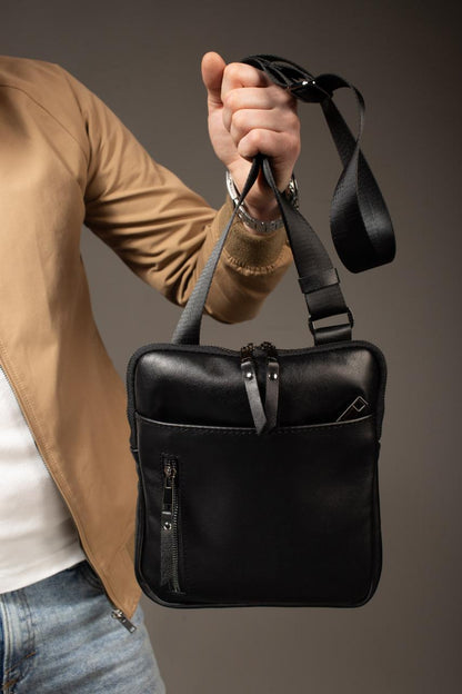 Mens Handmade Leather Crossbody Bag Black Messenger Gift for Him