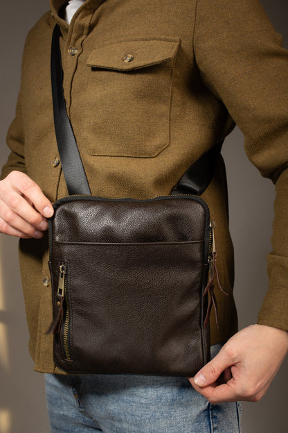 Handmade Genuine Leather Mens Messenger Bag Brown Gift for Him
