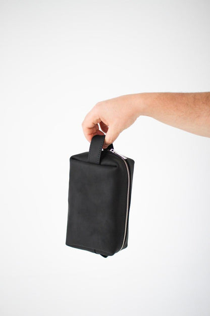 Handmade Mens Genuine Leather Toiletry Bag Black Dopp Kit